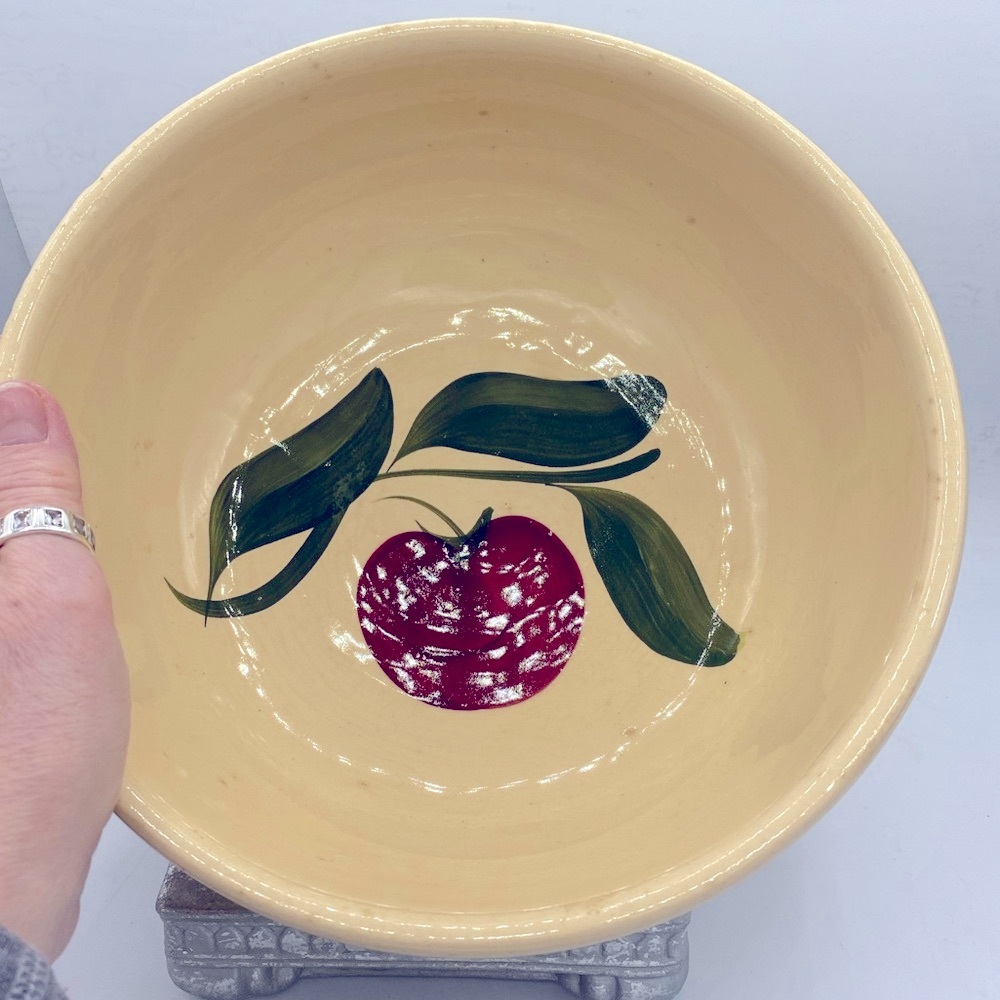Vintage Oven Ware Pottery USA 73 Marked Thick Pottery Bowl With Apple Design